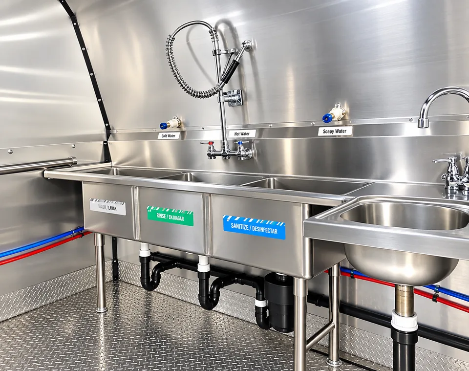 22 to 26 ft low-temperature dishwashing trailer interior equipment detail 3 for short-term commercial dishwashing rental