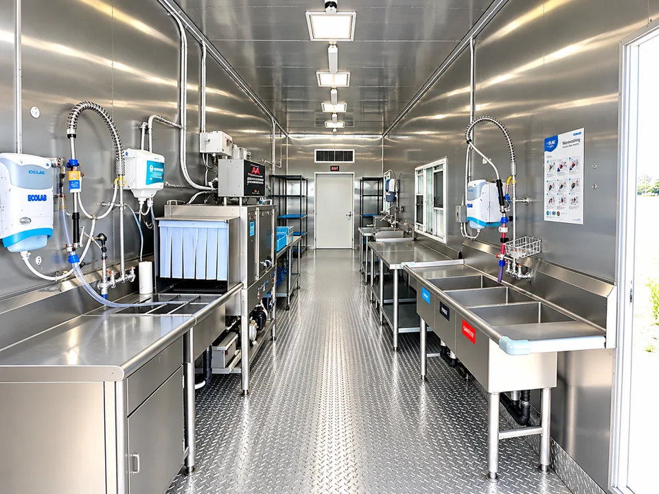 38 ft high-temperature conveyor dishwashing trailer interior view 3 for long-term commercial dishwasher rental