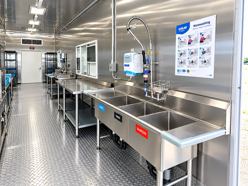 38 ft high-temperature conveyor dishwashing trailer interior view 4 for Florida rental planning