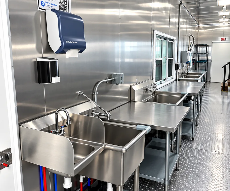 38 ft high-temperature conveyor dishwashing trailer interior view 5 for Georgia rental planning