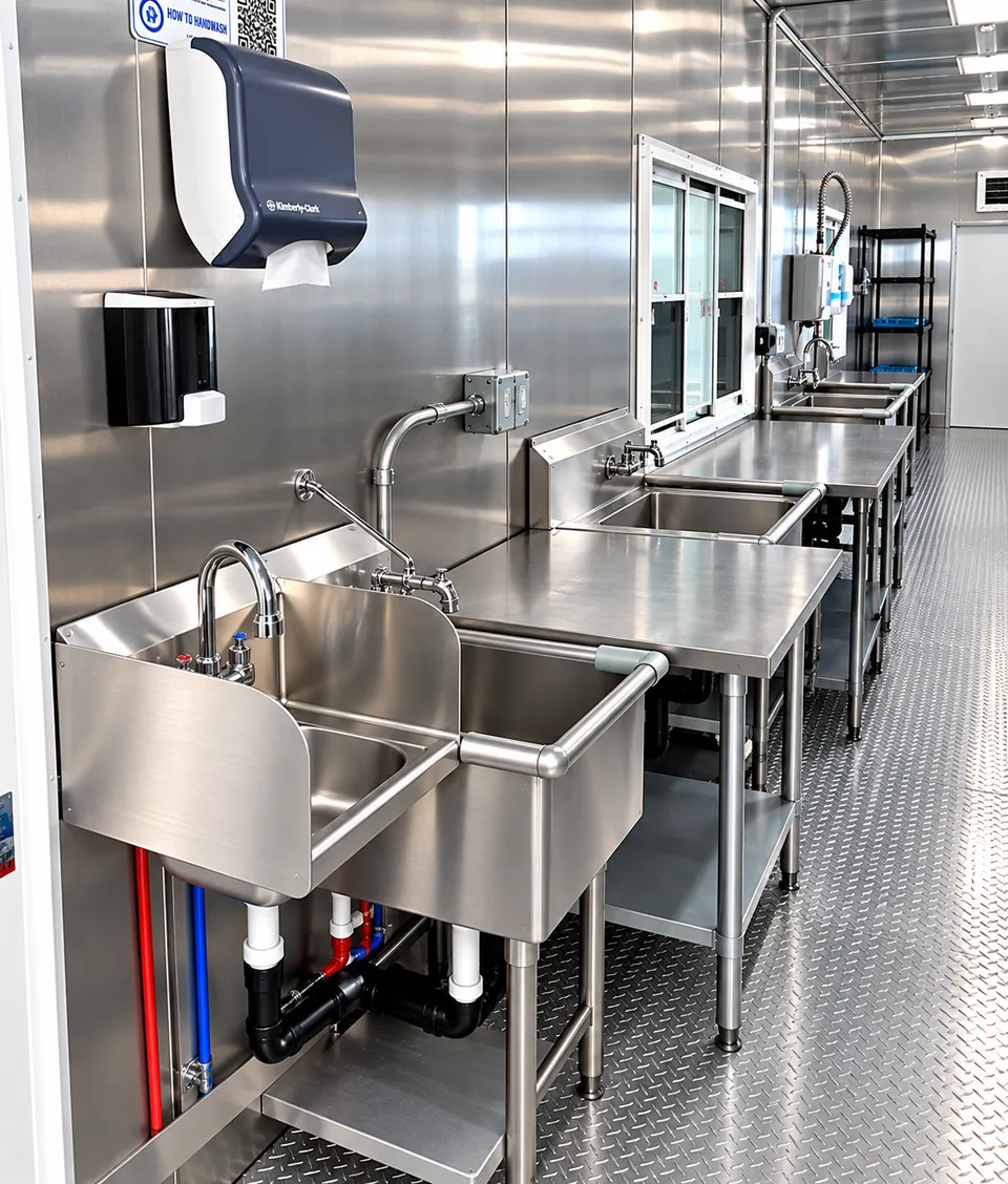 38 ft high-temperature conveyor dishwashing trailer interior view 6 for Texas rental planning
