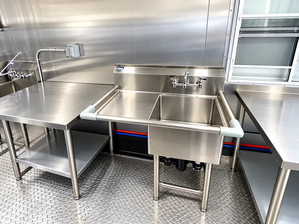 38 ft high-temperature conveyor dishwashing trailer interior equipment detail 3 for Texas rental planning