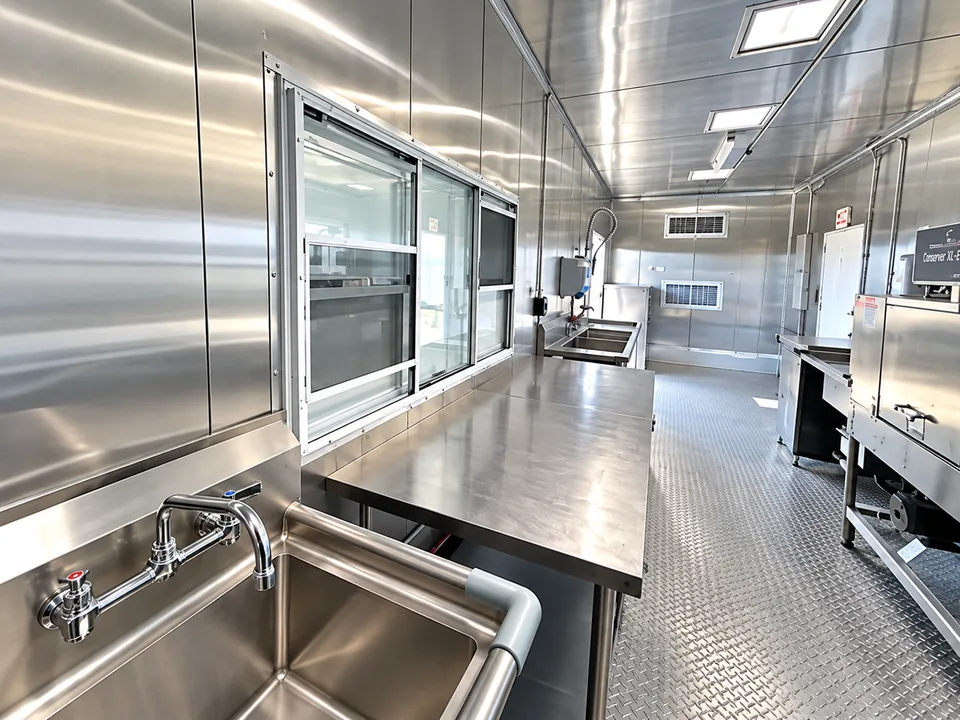 38 ft high-temperature conveyor dishwashing trailer interior equipment detail 4 for Delaware rental planning