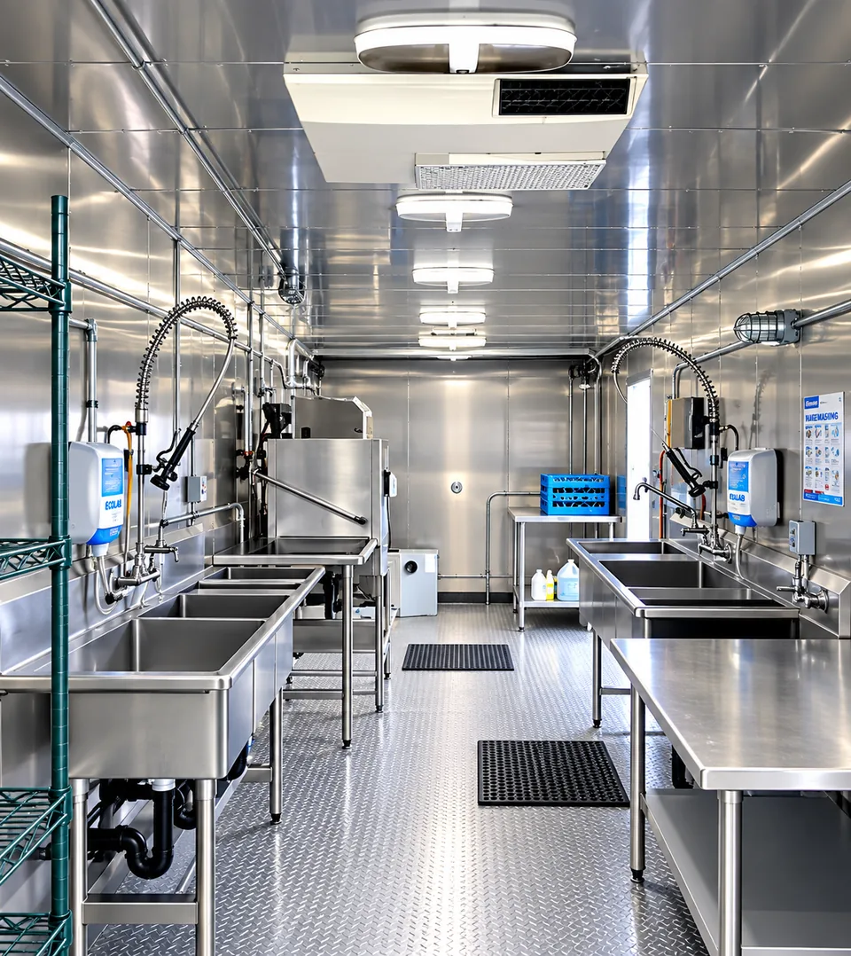 38 ft low-temperature dishwashing trailer interior view 1 for long-term commercial dishwasher rental