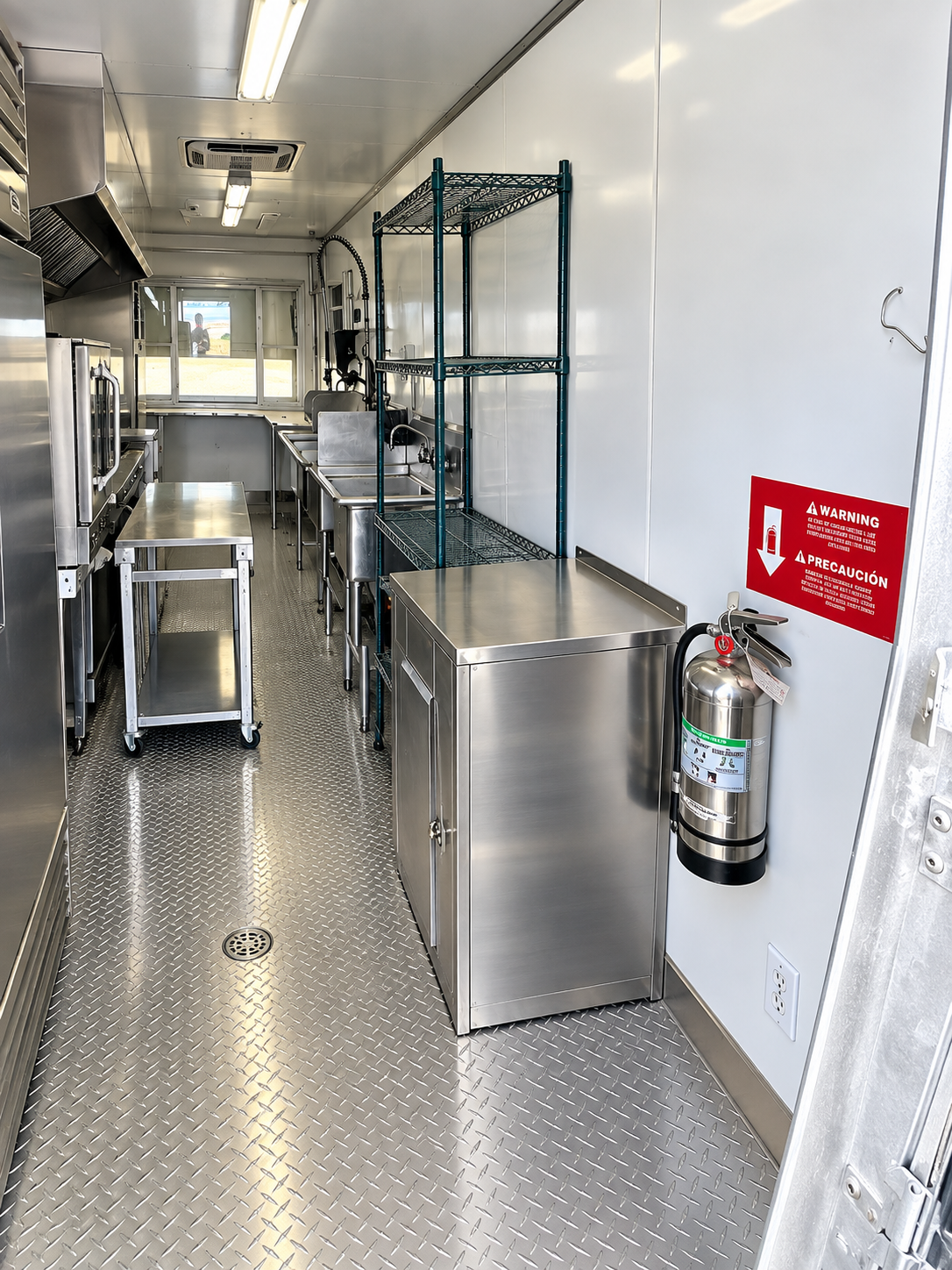 Stainless interior of a mobile commercial kitchen trailer