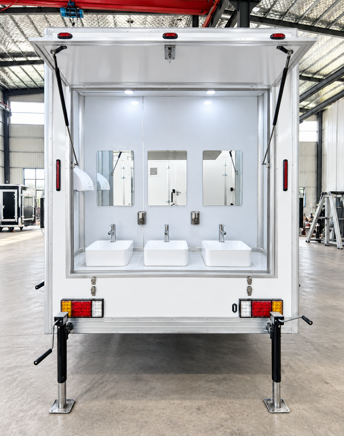 Private stall inside a mobile shower trailer